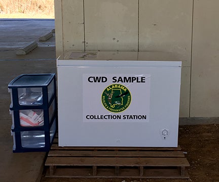 WFF has deployed self-service CWD sampling stations in north Alabama as part of its increased sampling surveillance efforts. The sample station freezers are in Fayette, Lamar, Marion, Franklin, Lauderdale, and Colbert counties, and are available to receive deer head samples 24 hours a day, seven days a week. 