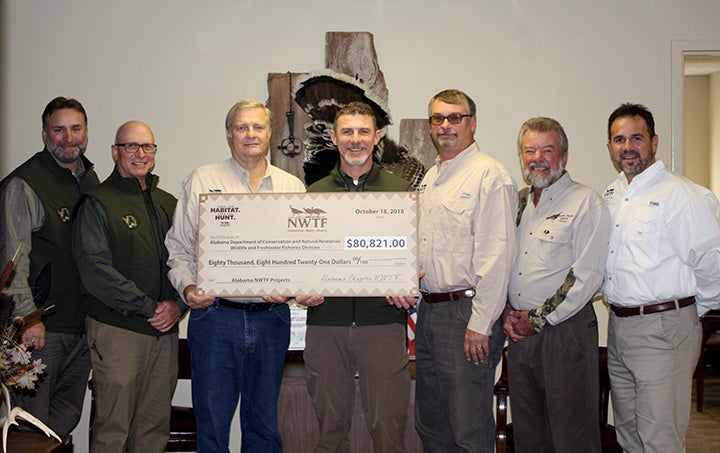 Photo (left to right): Chuck Sykes (WFF Director), Steve Barnett (Wild Turkey Project Leader), Craig Scruggs (Alabama NWTF State Chapter President), Keith Gauldin (Wildlife Section Chief), and Executive Committee members of the Alabama Chapter NWTF Board of Directors Craig Harris, Charlie Duckett, and Scott Brandon.